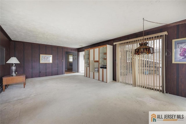 carpeted spare room with wooden walls and ornamental molding