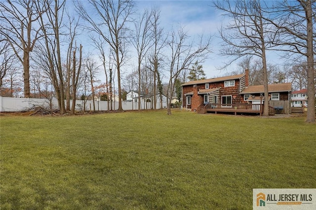 view of yard featuring fence and a wooden deck