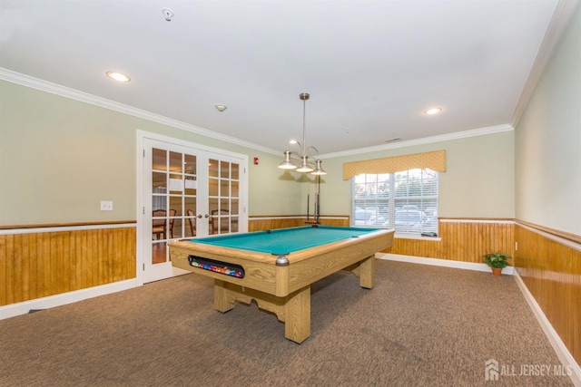101 Liddle Ave, Edison, NJ 08837 - playroom featuring a wainscoted wall, french doors, carpet, crown molding, and pool table