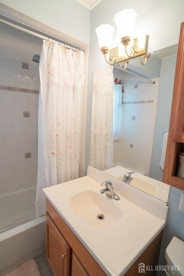 full bathroom with toilet, shower / tub combo, vanity, a chandelier, and tile patterned flooring