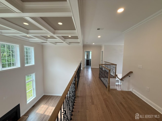2 Joye Ln, South Brunswick, NJ 08852 - hall with an upstairs landing, crown molding, wood finished floors, recessed lighting, and coffered ceiling