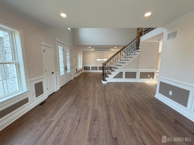 2 Joye Ln, South Brunswick, NJ 08852 - foyer entrance with stairs, ornamental molding, dark wood finished floors, a decorative wall, and recessed lighting