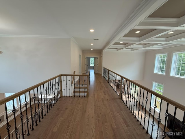 2 Joye Ln, South Brunswick, NJ 08852 - hall featuring wood finished floors, healthy amount of natural light, beamed ceiling, crown molding, and coffered ceiling