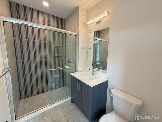 2 Joye Ln, South Brunswick, NJ 08852 - bathroom with a shower stall, vanity, marble look tile flooring, and recessed lighting