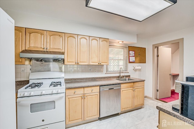 kitchen featuring under cabinet range hood, light brown cabinets, white range with gas cooktop, and dishwasher