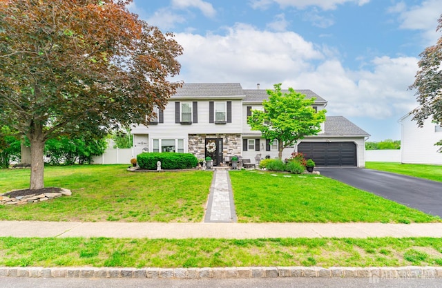24 Higgins Rd, Old Bridge, NJ 08857 - view of property with asphalt driveway, a garage, and stone siding