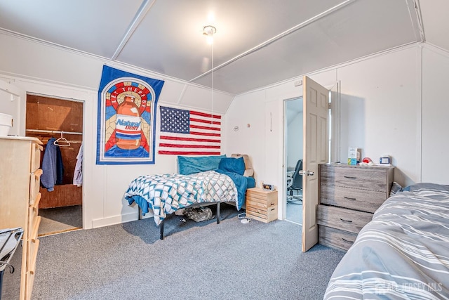 carpeted bedroom featuring a walk in closet and a closet