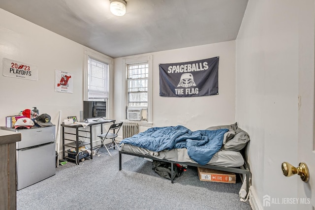 carpeted bedroom with stainless steel fridge