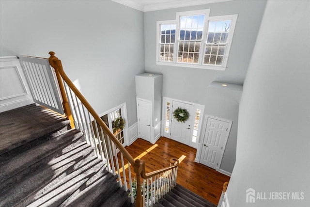 entryway with stairway, a high ceiling, ornamental molding, and wood finished floors