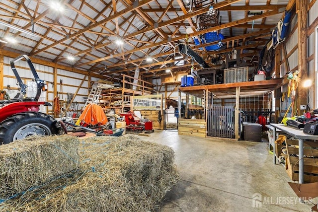garage with a workshop area