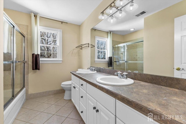 bathroom featuring a sink, tile patterned floors, toilet, and visible vents