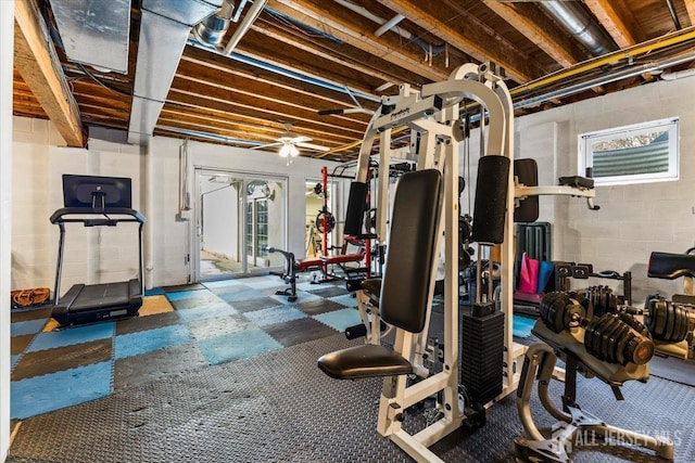 exercise room with concrete block wall and a wealth of natural light