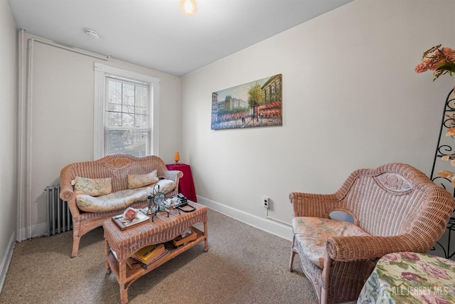 living area with baseboards, radiator, and carpet