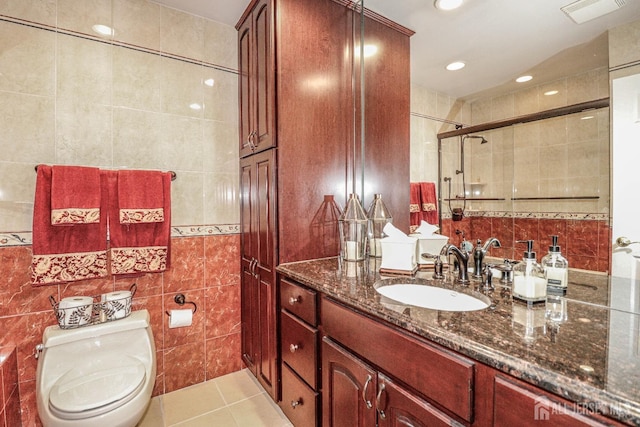 17 Morningside Dr, Old Bridge, NJ 08857 - bathroom with a stall shower, tile walls, visible vents, tile patterned flooring, and vanity