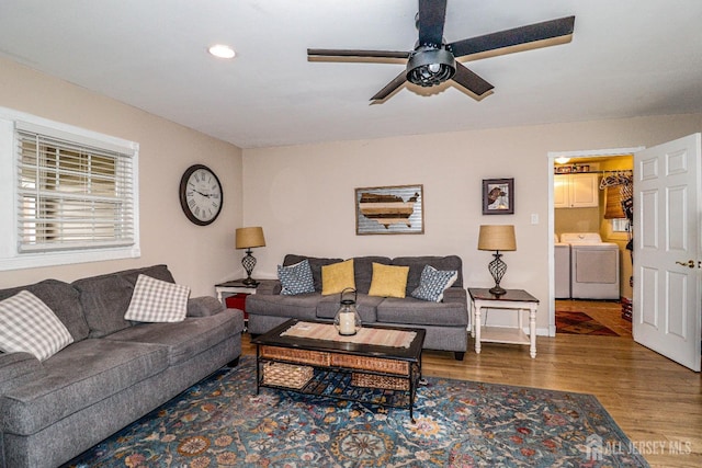 17 Morningside Dr, Old Bridge, NJ 08857 - living room featuring wood finished floors, a ceiling fan, baseboards, independent washer and dryer, and recessed lighting