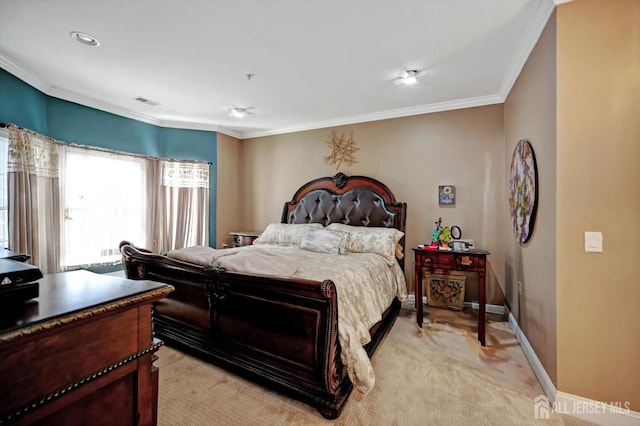 bedroom with light carpet, visible vents, baseboards, and crown molding