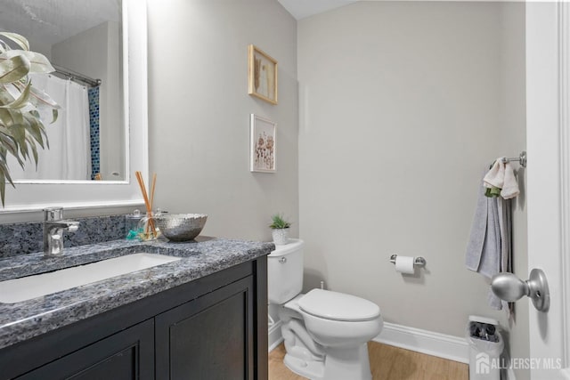 bathroom with vanity, toilet, and wood-type flooring