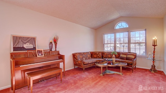 carpeted living room with plenty of natural light, a textured ceiling, and lofted ceiling