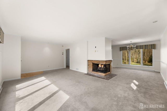 46 Thomas St, Monroe, NJ 08831 - unfurnished living room featuring carpet, a baseboard radiator, baseboards, a multi sided fireplace, and a chandelier