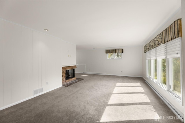 46 Thomas St, Monroe, NJ 08831 - unfurnished living room with a fireplace, carpet, a baseboard radiator, and baseboards
