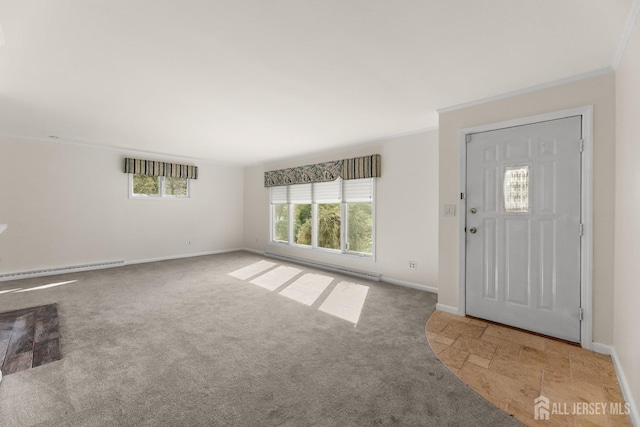 46 Thomas St, Monroe, NJ 08831 - carpeted entryway featuring a baseboard heating unit, baseboards, and ornamental molding