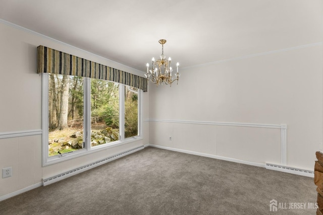 46 Thomas St, Monroe, NJ 08831 - carpeted spare room with baseboard heating, a chandelier, crown molding, and baseboards