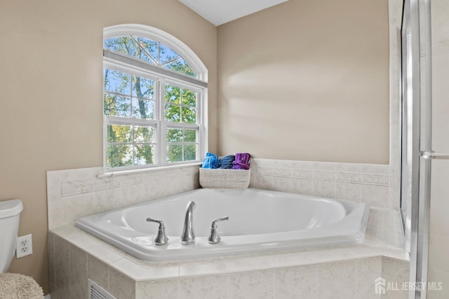 bathroom featuring a healthy amount of sunlight and a relaxing tiled tub