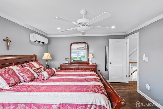 59 Mckinley Ave, Colonia, NJ 07067 - bedroom featuring a wall mounted air conditioner, wood finished floors, recessed lighting, crown molding, and baseboards