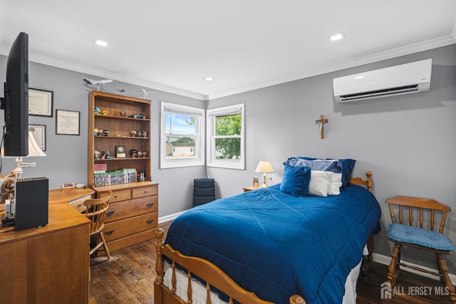 59 Mckinley Ave, Colonia, NJ 07067 - bedroom with a wall unit AC, dark wood finished floors, ornamental molding, baseboards, and recessed lighting