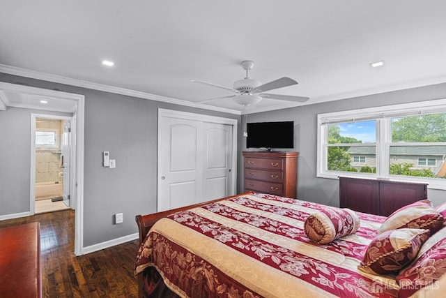59 Mckinley Ave, Colonia, NJ 07067 - bedroom featuring baseboards, dark wood finished floors, a closet, ornamental molding, and recessed lighting