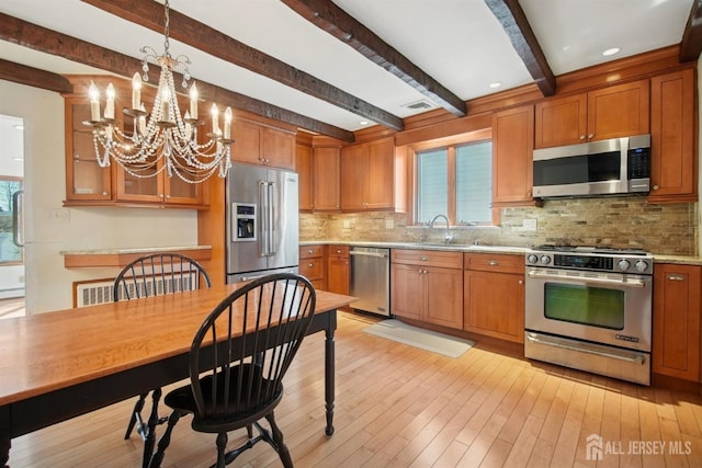 kitchen with stainless steel appliances, brown cabinets, a sink, beam ceiling, and decorative backsplash