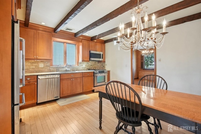 kitchen with stainless steel appliances, a sink, backsplash, light wood-style flooring, and a chandelier