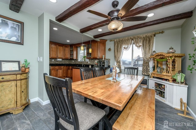 dining room with a ceiling fan, baseboards, beamed ceiling, and recessed lighting