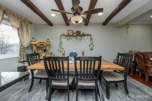 dining space featuring recessed lighting, a ceiling fan, beam ceiling, and wood finished floors