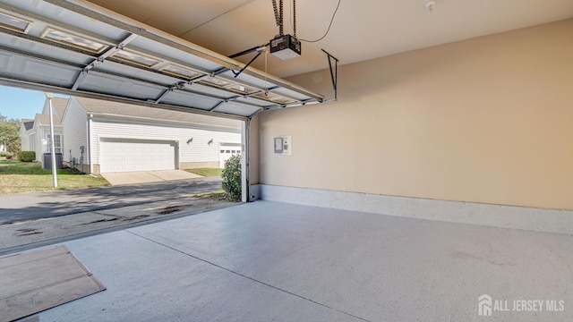 garage with cooling unit and a garage door opener