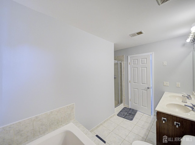 221 Morning Glory Dr, Monroe, NJ 08831 - bathroom with tile patterned floors, a stall shower, double vanity, and a garden tub