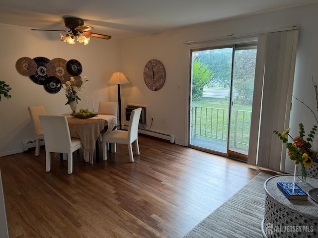 402 N Cranbury Rd Unit 8, East Brunswick, NJ 08816 - dining area with wood finished floors, a ceiling fan, and baseboard heating