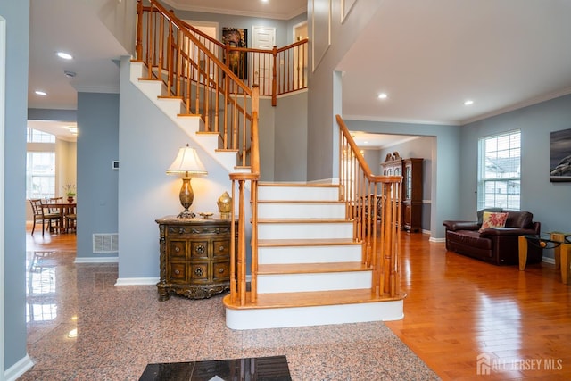 4 Bernadette Cir S, Brunswick, NJ 08852 - staircase featuring plenty of natural light, baseboards, ornamental molding, and recessed lighting
