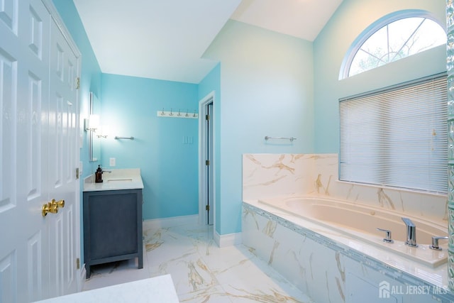 4 Bernadette Cir S, Brunswick, NJ 08852 - full bath featuring marble look tile flooring, vanity, a bath, and baseboards