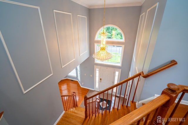 4 Bernadette Cir S, Brunswick, NJ 08852 - stairway with wood finished floors, a chandelier, baseboards, crown molding, and a towering ceiling