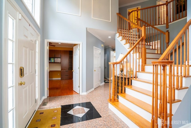 4 Bernadette Cir S, Brunswick, NJ 08852 - entrance foyer with ornamental molding, baseboards, a high ceiling, granite tiled floors, and stairway