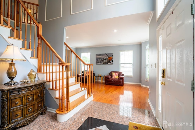 4 Bernadette Cir S, Brunswick, NJ 08852 - entryway featuring crown molding, stairway, baseboards, granite floors, and recessed lighting
