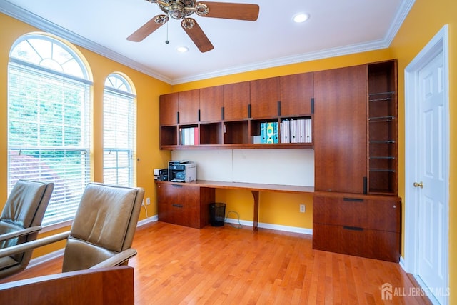 4 Bernadette Cir S, Brunswick, NJ 08852 - office with ceiling fan, light wood-style floors, ornamental molding, baseboards, and built in study area