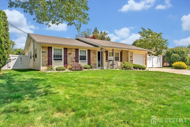 13 Sheffield Ave, Monroe, NJ 08831 - ranch-style house featuring a gate, concrete driveway, an attached garage, stone siding, and covered porch