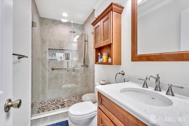 13 Sheffield Ave, Monroe, NJ 08831 - bathroom featuring a shower stall, vanity, toilet, crown molding, and recessed lighting