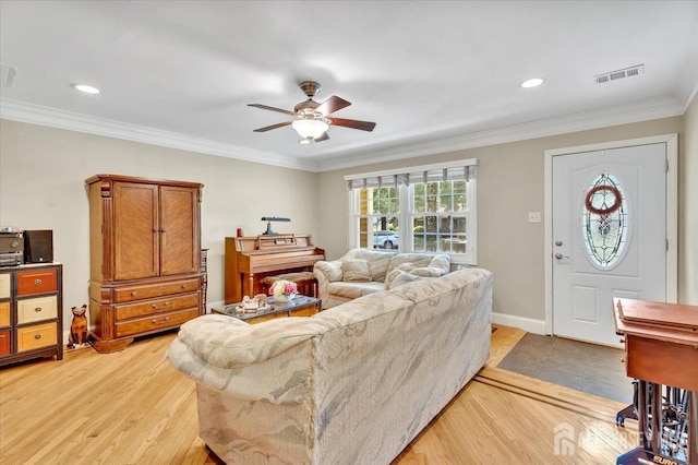 13 Sheffield Ave, Monroe, NJ 08831 - living room featuring ceiling fan, light wood-type flooring, crown molding, baseboards, and recessed lighting