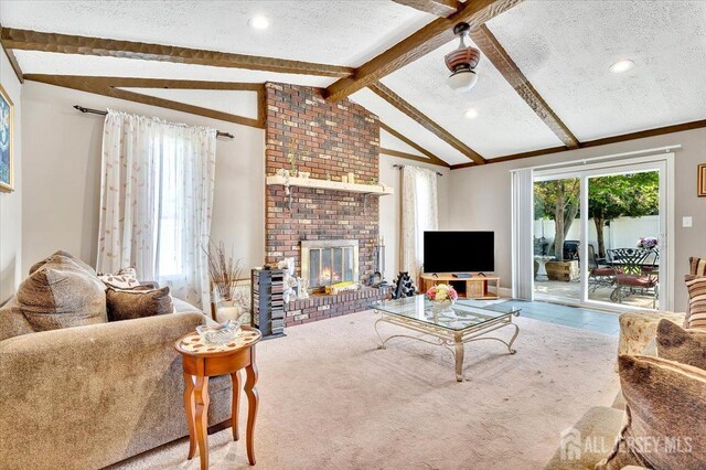 13 Sheffield Ave, Monroe, NJ 08831 - carpeted living area with a textured ceiling, a fireplace, and recessed lighting
