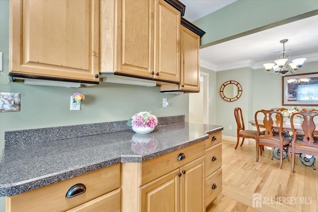 13 Sheffield Ave, Monroe, NJ 08831 - kitchen with light brown cabinets, ornamental molding, a chandelier, light wood finished floors, and decorative light fixtures