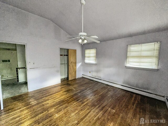 unfurnished bedroom featuring ceiling fan, lofted ceiling, dark hardwood / wood-style floors, and a baseboard radiator