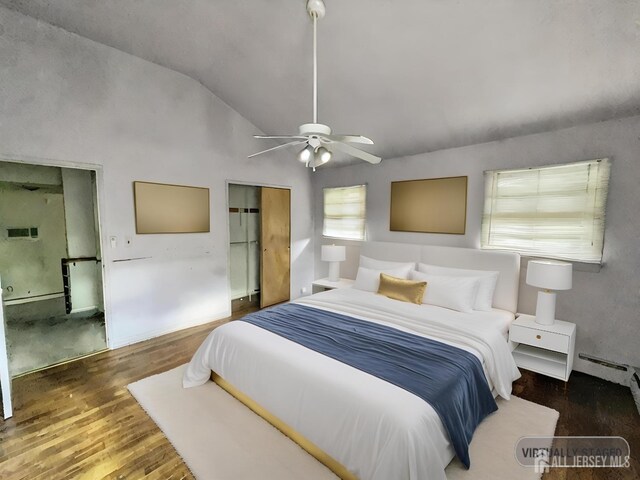 bedroom featuring lofted ceiling, dark hardwood / wood-style floors, ceiling fan, and baseboard heating